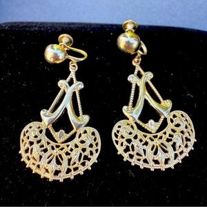 Art Deco Goldtone Filigree Dangle Screwback Earrings